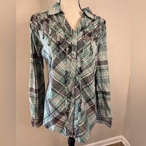 Overdrive western V neck ruffled button up shirt SZ LG